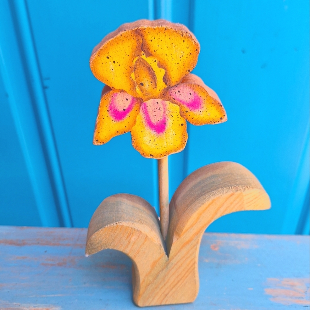 Wooden Flower Artist Made Sculpture Iris Orchid Handpainted Wood Floral Decor